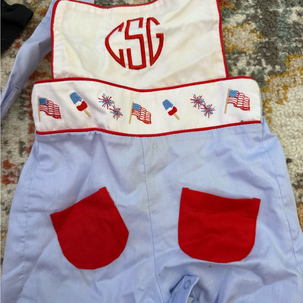Smockingbird Monogram Boys Shortall Patriotic Kids One Piece with Red Accents